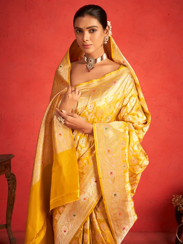 Stunning yellow saree with zari work