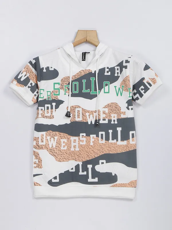 Sturd white and peach printed cotton t shirt