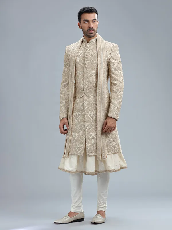 Stuuning cream raw silk sherwani