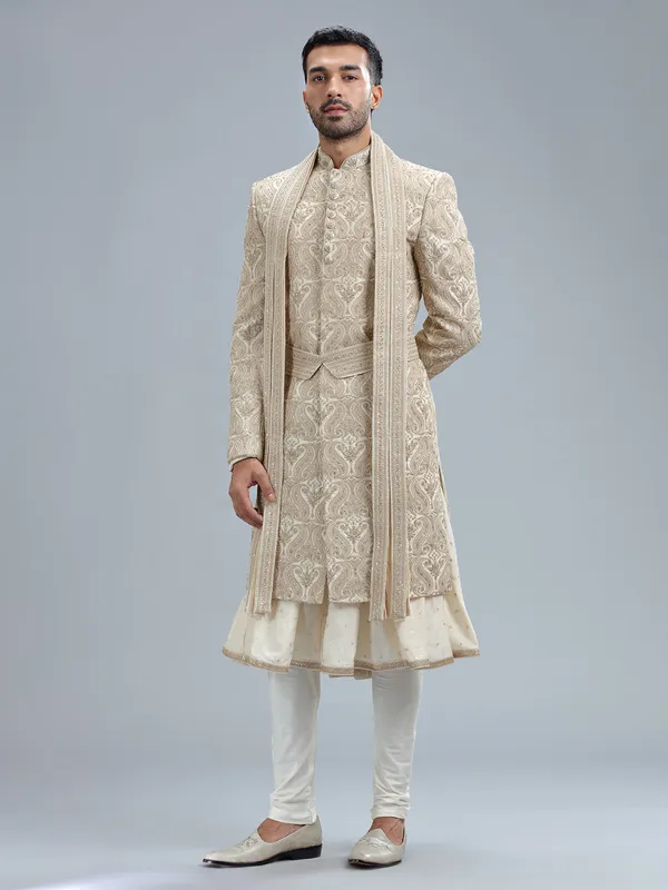 Stuuning cream raw silk sherwani