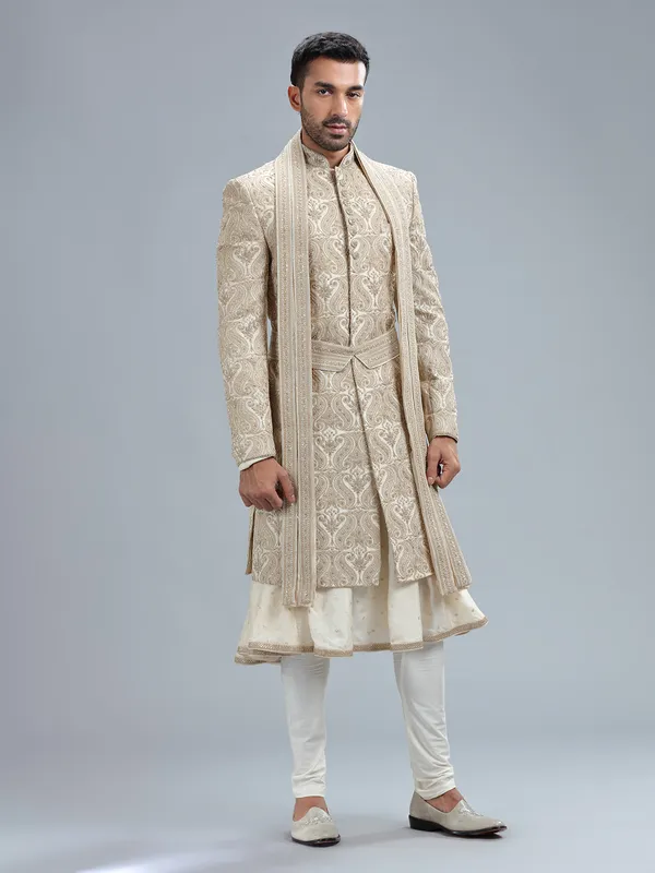 Stuuning cream raw silk sherwani