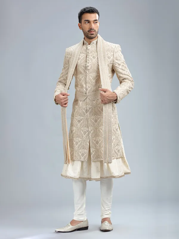 Stuuning cream raw silk sherwani