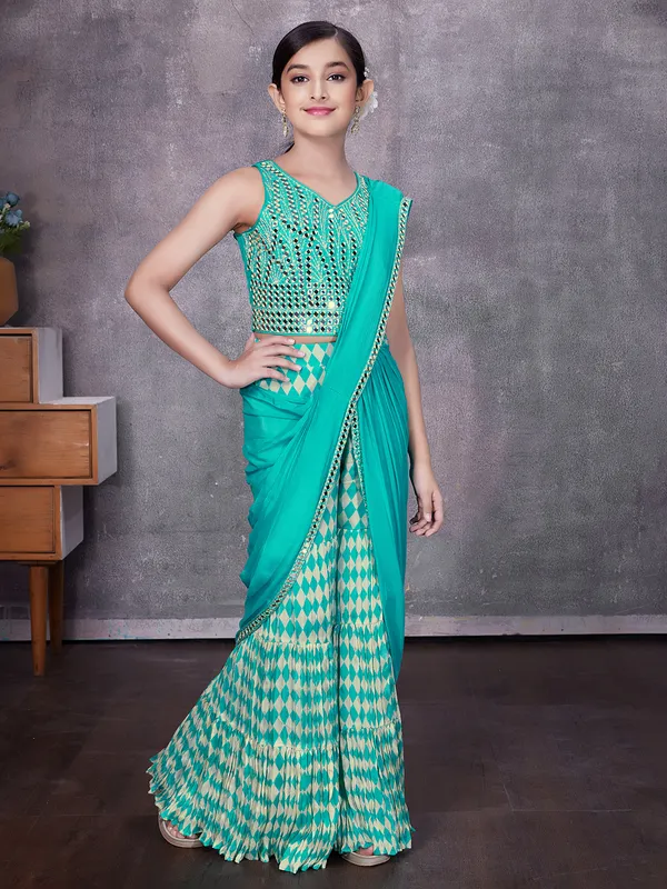 Stylish aqua georgette printed sharara suit