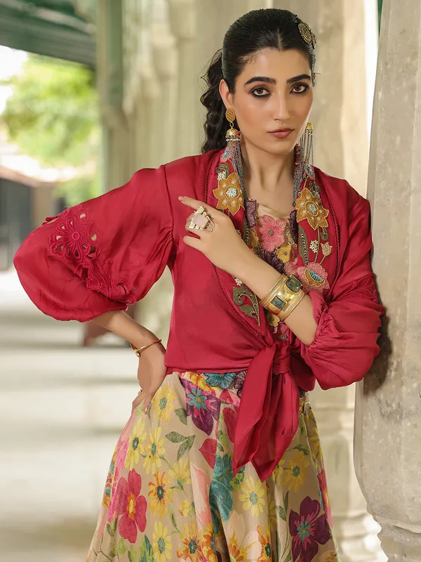 Stylish beige and maroon silk lehenga choli