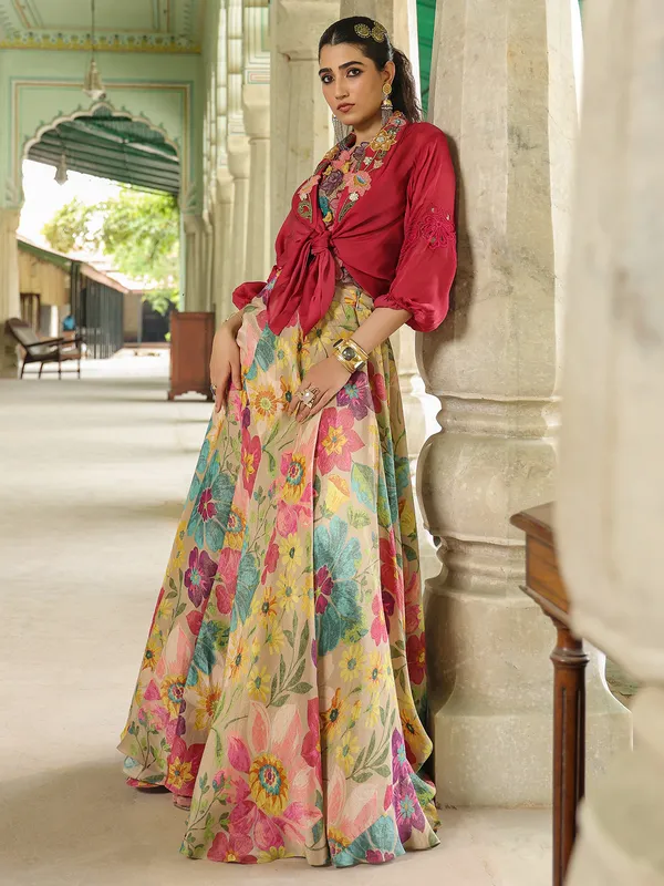 Stylish beige and maroon silk lehenga choli