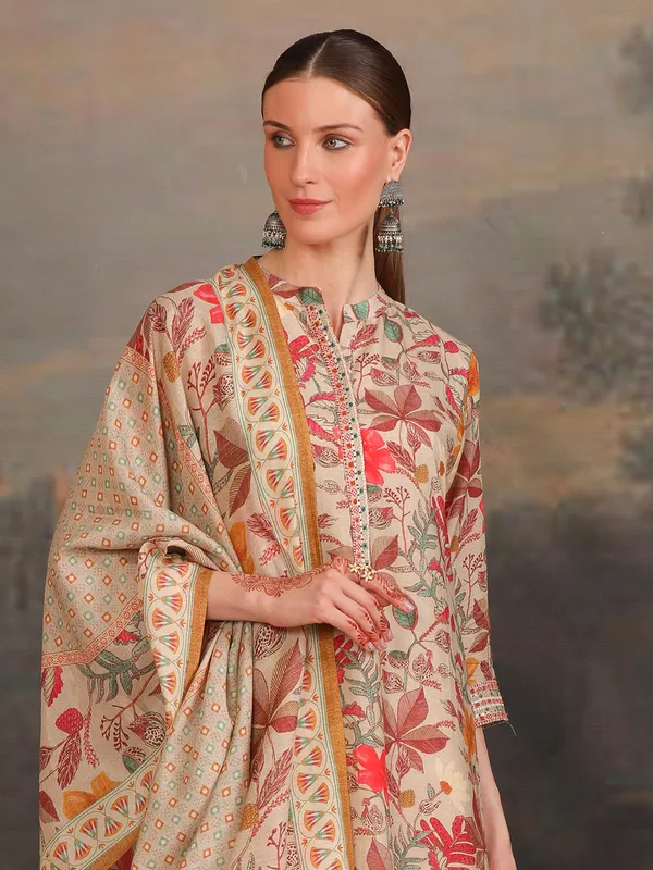 Stylish beige cotton printed kurti set