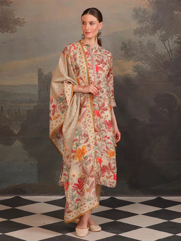 Stylish beige cotton printed kurti set