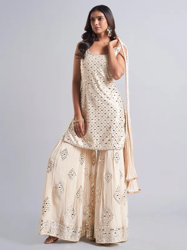 Stylish beige palazzo salwar suit in georgette