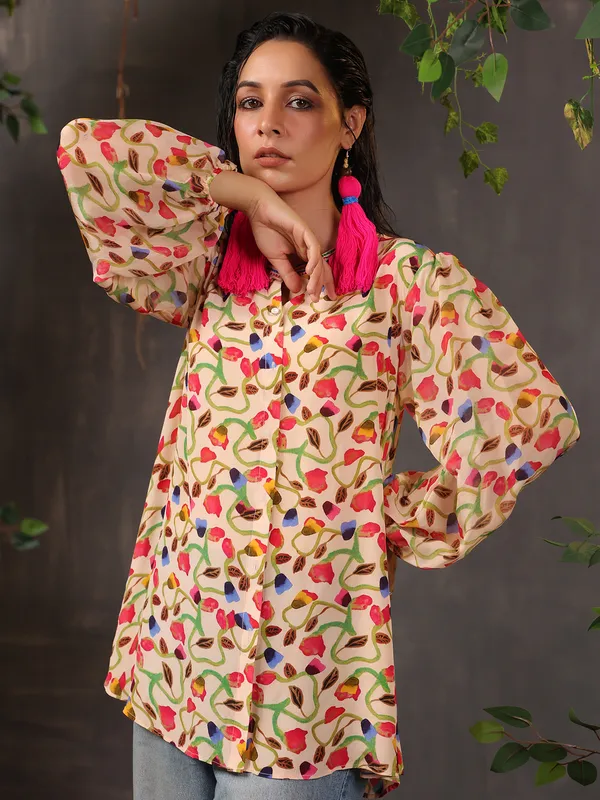 Stylish beige silk top with print