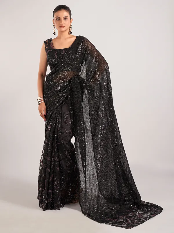 Stylish black net with designer saree