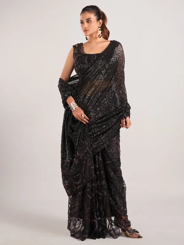 Stylish black net with designer saree
