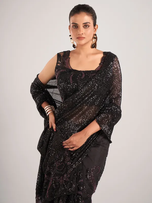 Stylish black net with designer saree