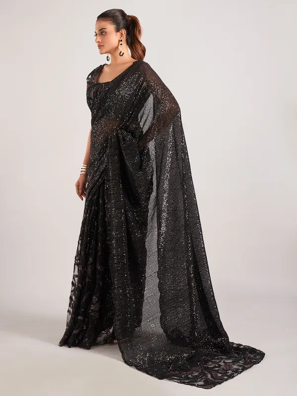 Stylish black net with designer saree