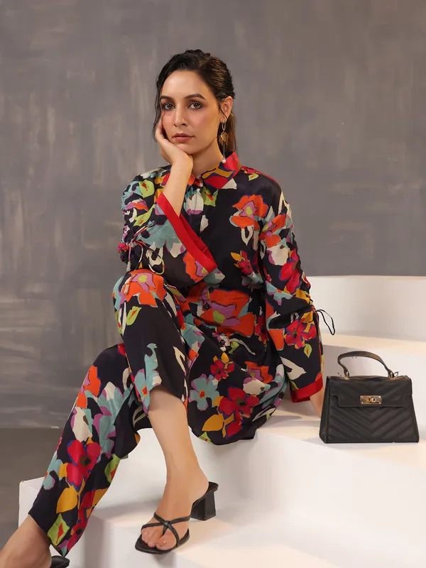 Stylish black printed co ord set in satin