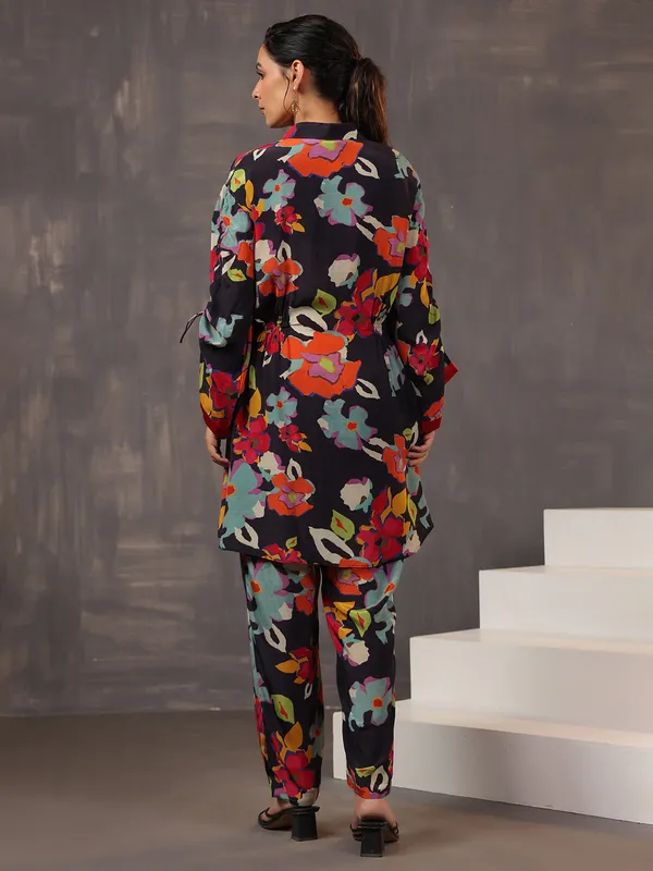 Stylish black printed co ord set in satin