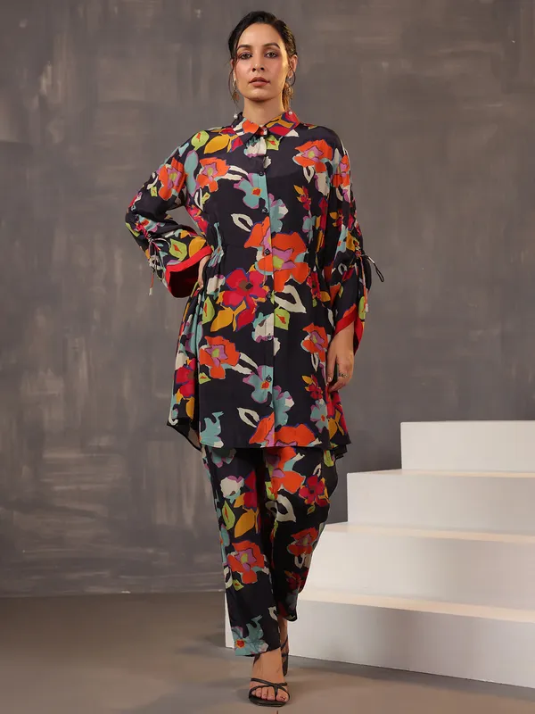 Stylish black printed co ord set in satin
