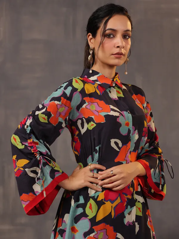 Stylish black printed co ord set in satin