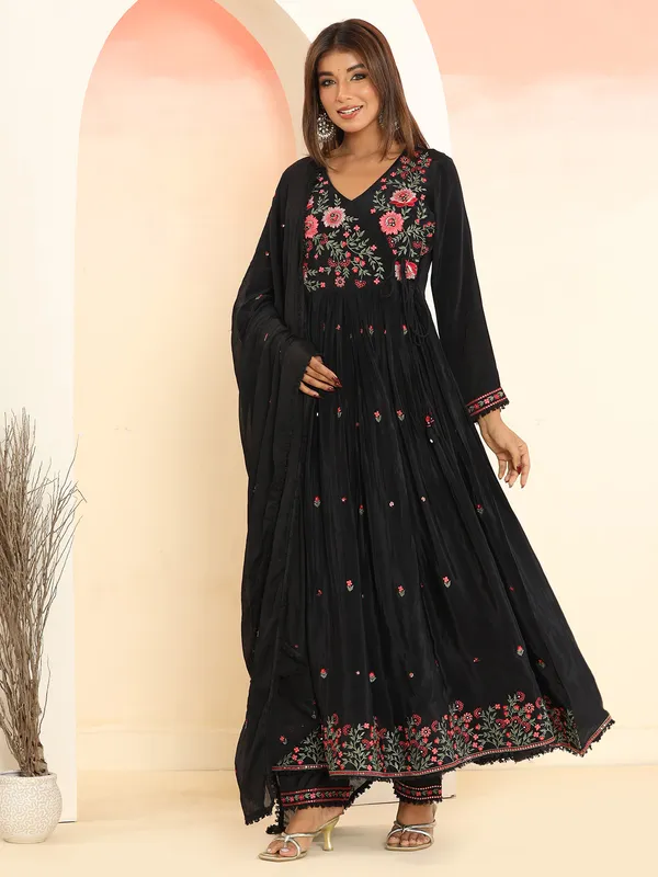 Stylish black silk anarkali kurti set