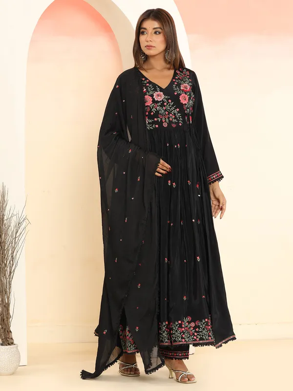 Stylish black silk anarkali kurti set