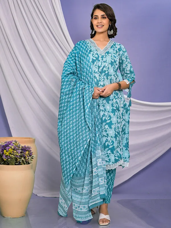 Stylish blue cotton printed kurti set