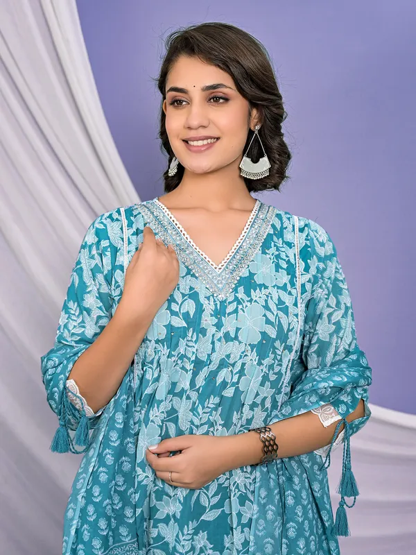 Stylish blue cotton printed kurti set