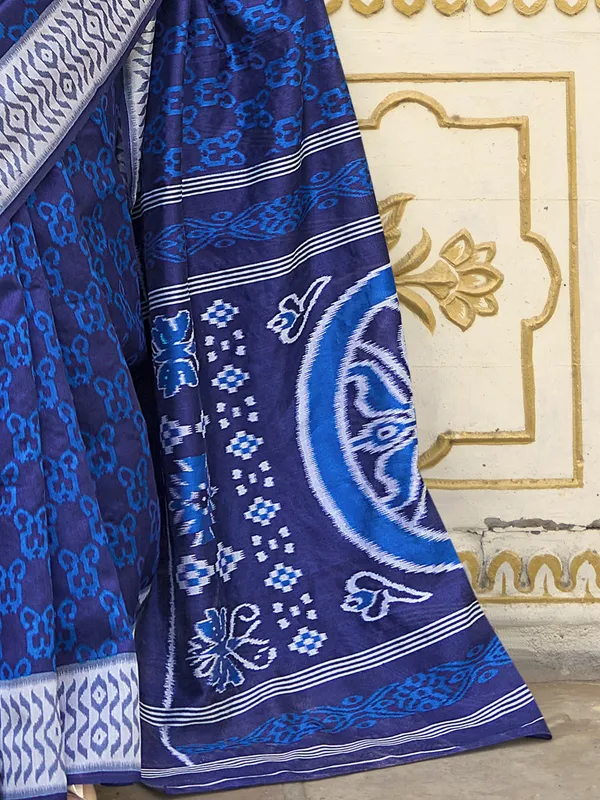 Stylish blue saree printed in bhagalpuri silk