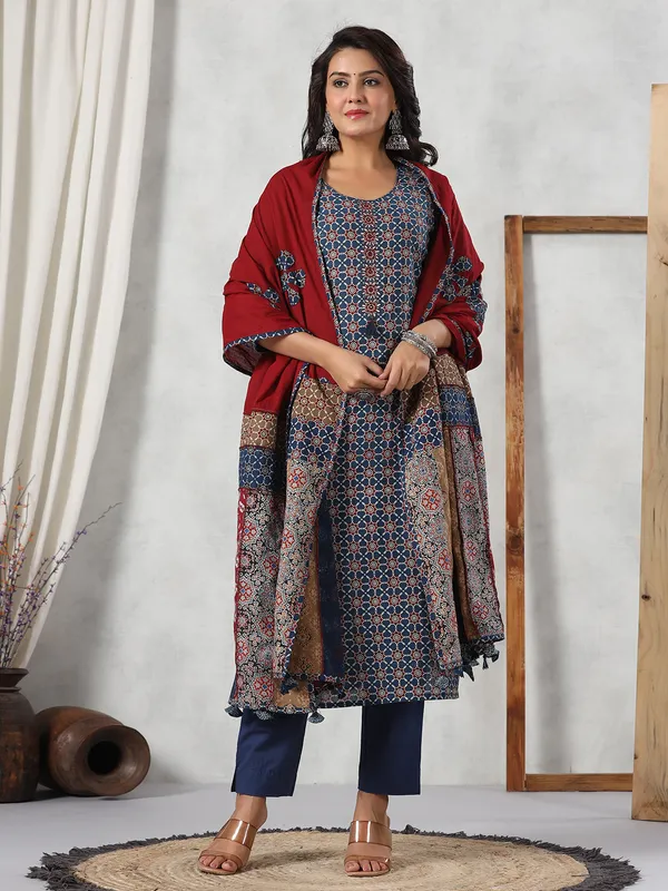 Stylish blue silk printed kurti set