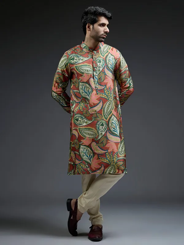 Stylish brown and green silk tropical printed kurta suit for men