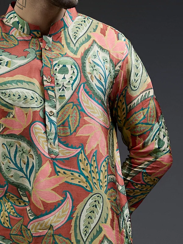 Stylish brown and green silk tropical printed kurta suit for men