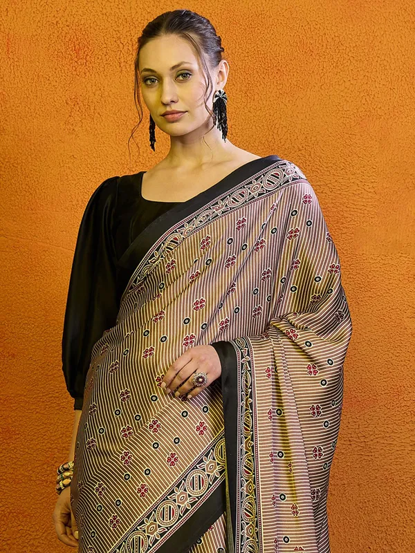 Stylish brown bhagalpuri silk saree with prints