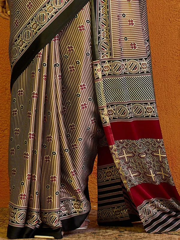 Stylish brown bhagalpuri silk saree with prints