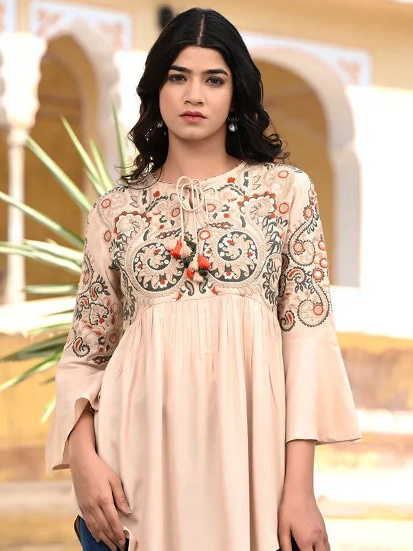Stylish cream cotton embroidery tunic top