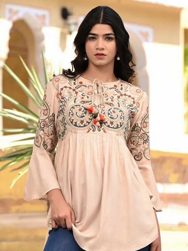 Stylish cream cotton embroidery tunic top