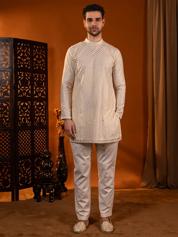 Stylish cream cotton silk sherwani for men