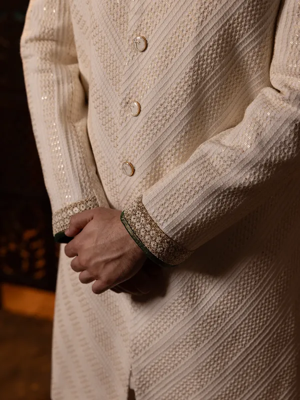 Stylish cream cotton silk sherwani for men