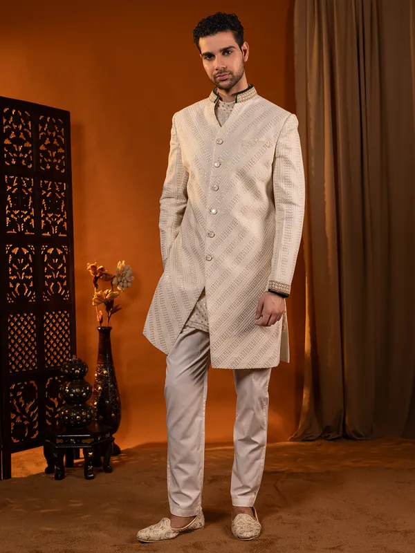 Stylish cream cotton silk sherwani for men