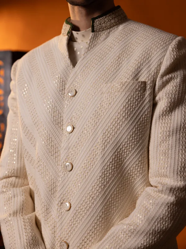 Stylish cream cotton silk sherwani for men