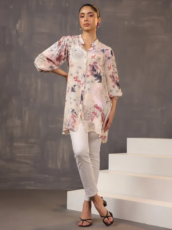 Stylish cream cotton tunic top for casual