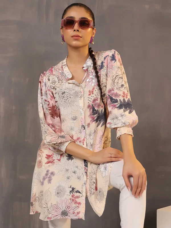 Stylish cream cotton tunic top for casual