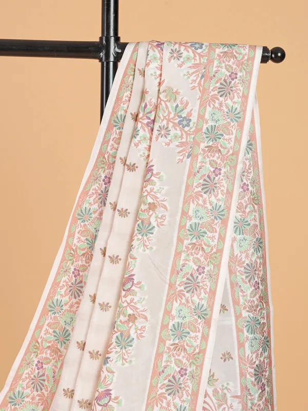 Stylish cream printed silk saree