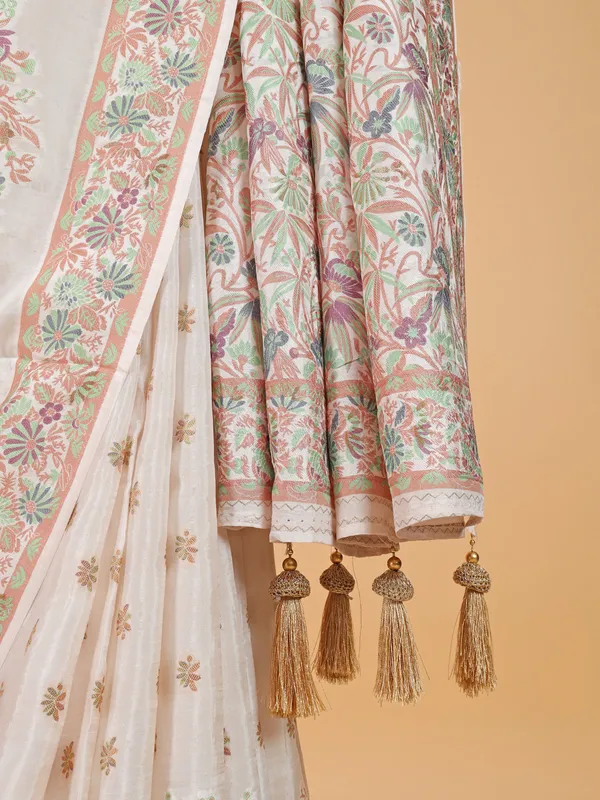 Stylish cream printed silk saree