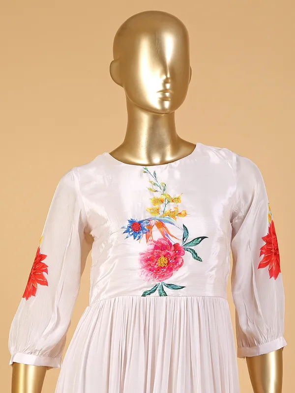 Stylish cream silk floral printed kurti