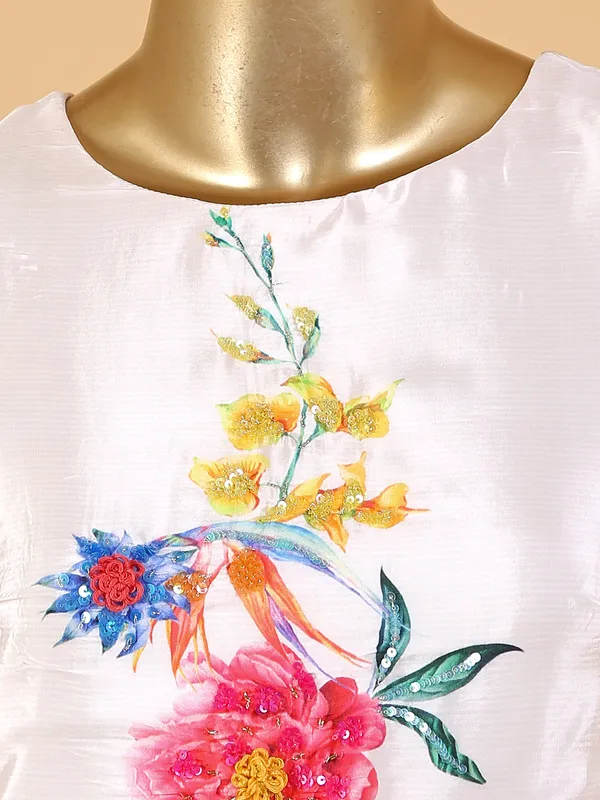 Stylish cream silk floral printed kurti