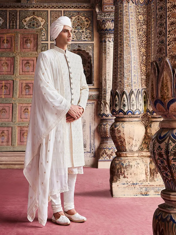 Stylish cream terry rayon sherwani