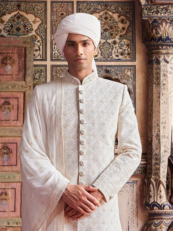 Stylish cream terry rayon sherwani