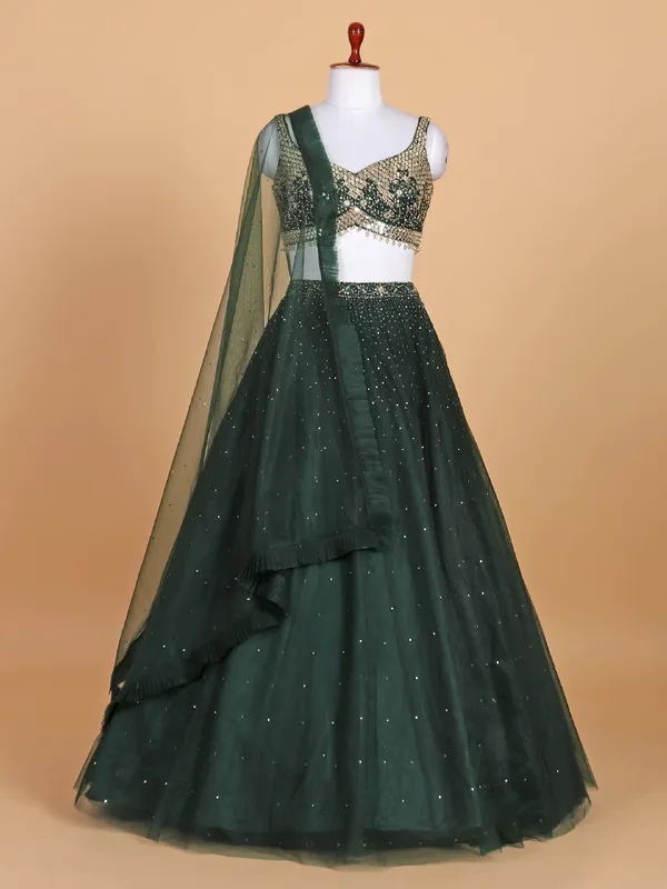 Stylish dark green net lehenga choli