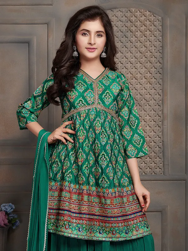 Stylish dark green printed palazzo suit