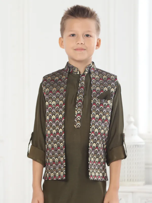 Stylish dark olive embroidered waistcoat set for boys