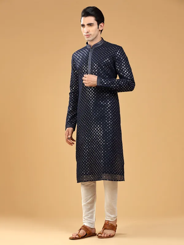 Stylish georgette navy  Men Kurta pajma