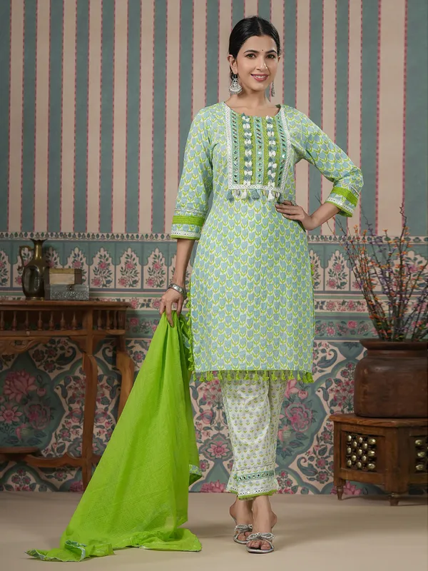 Stylish green printed kurti set